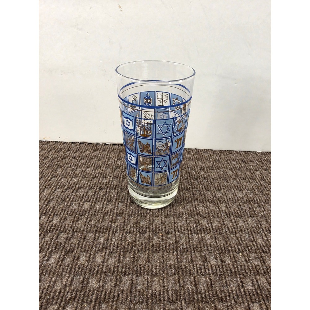 Vintage Judaic Motifs Glass Star of David Menorah Blue Gold Hanukkah Highball